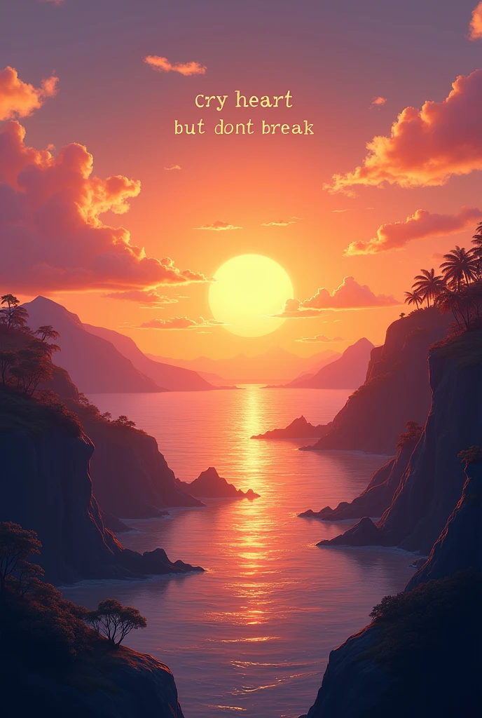 A sunset that inspires hope, with the phrase "Cry heart but don't break"