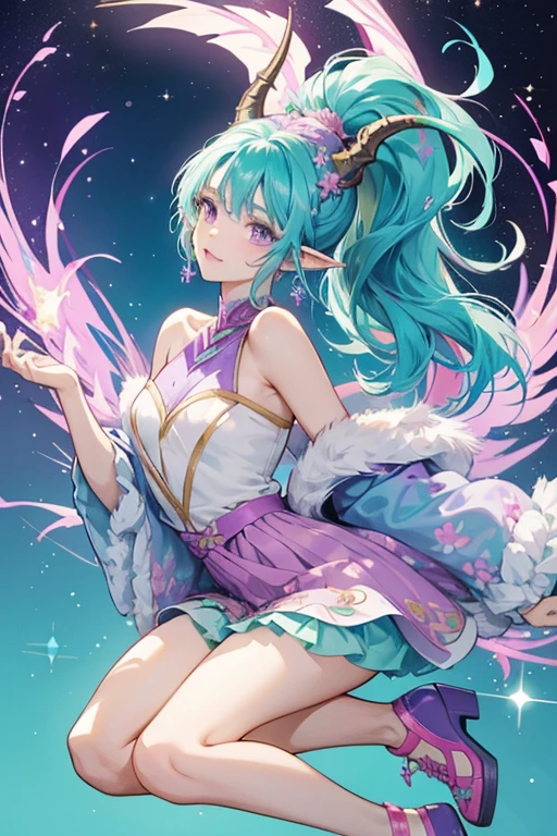 Deanna is a light teal dragon with teal hair, styled in a high ponytail. She has purple ears, horns, tail, and wings with pink features.
She has a teal/purple scale design on her top with a purple floral skirt.
She comes with a gold headpiece and shoes. SPARKLE; GLITTER