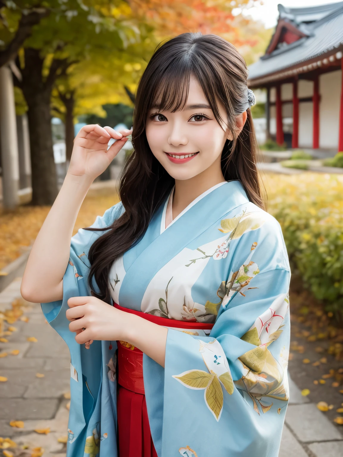 1girl, solo, highres, best_quality, masterpiece, detailed_background, intricate_details, beautiful, hiroshima, mitaki_temple, nature, autumn_leaves, traditional_clothes, kimono, smile, looking_at_viewer, dynamic_pose, natural_pose, candid, happy