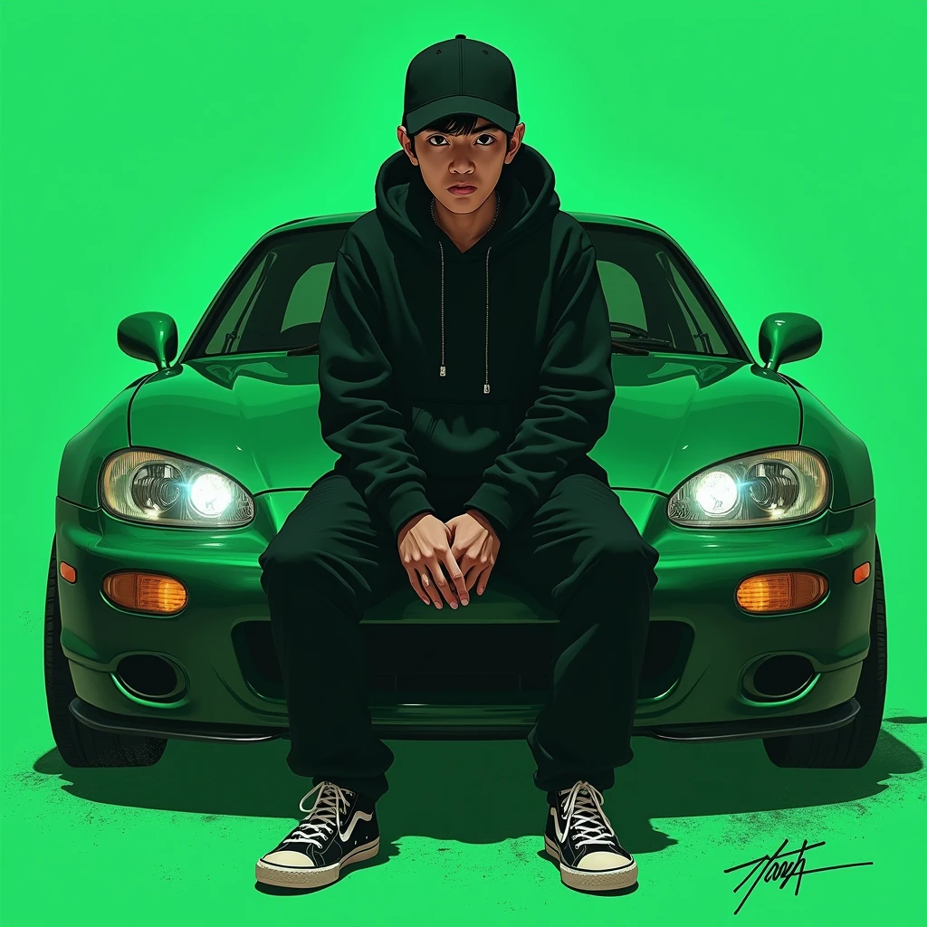 G-FUNK Hip Hop Album Cover, Green Background, Green Car, If WONA becames a gangster, let's have an Asian teen troublemaker boy with a black hoodie and a black ball cap pressed deep, let's sit on the bonnet