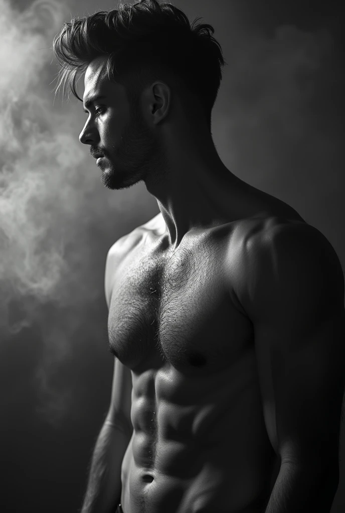 handsome Nicolas Lebeau without clothes. Sensual shooting. pleasure. sweaty body . sex. Chest muscles! Chest hair! ((monochrome)), ((grayscale)) Smoke!!!