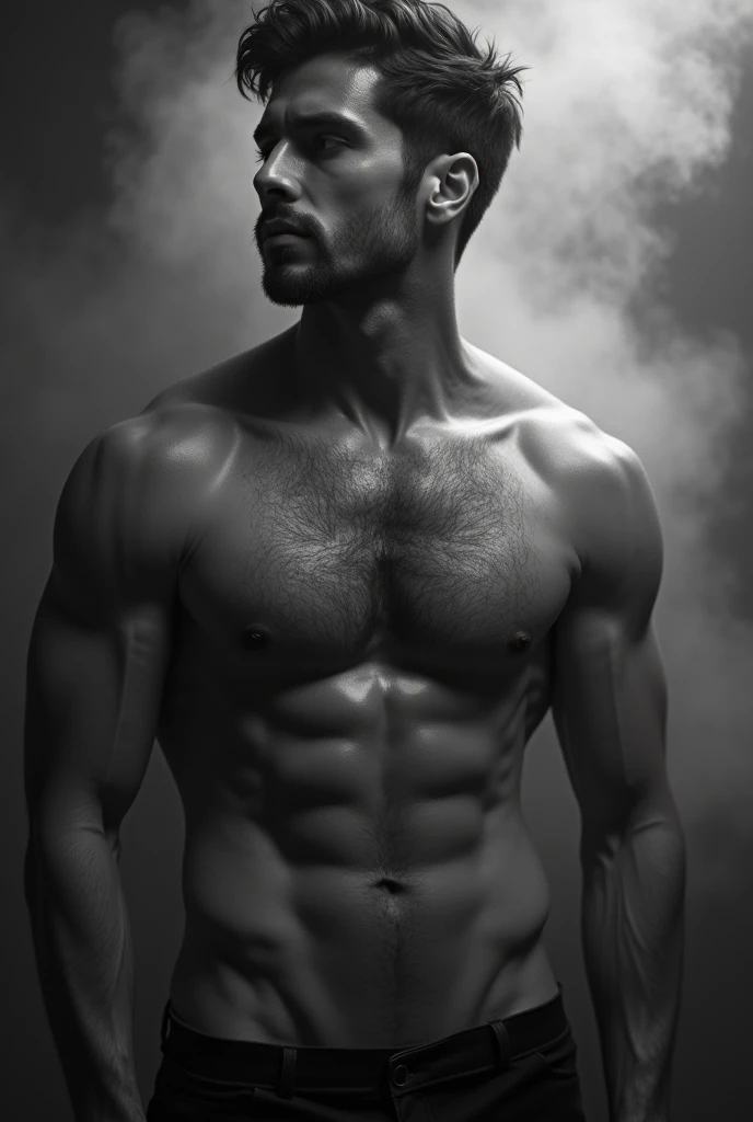 handsome Nicolas Lebeau without clothes. Sensual shooting. pleasure. sweaty body . sex. Chest muscles! Chest hair! ((monochrome)), ((grayscale)) Smoke!!!