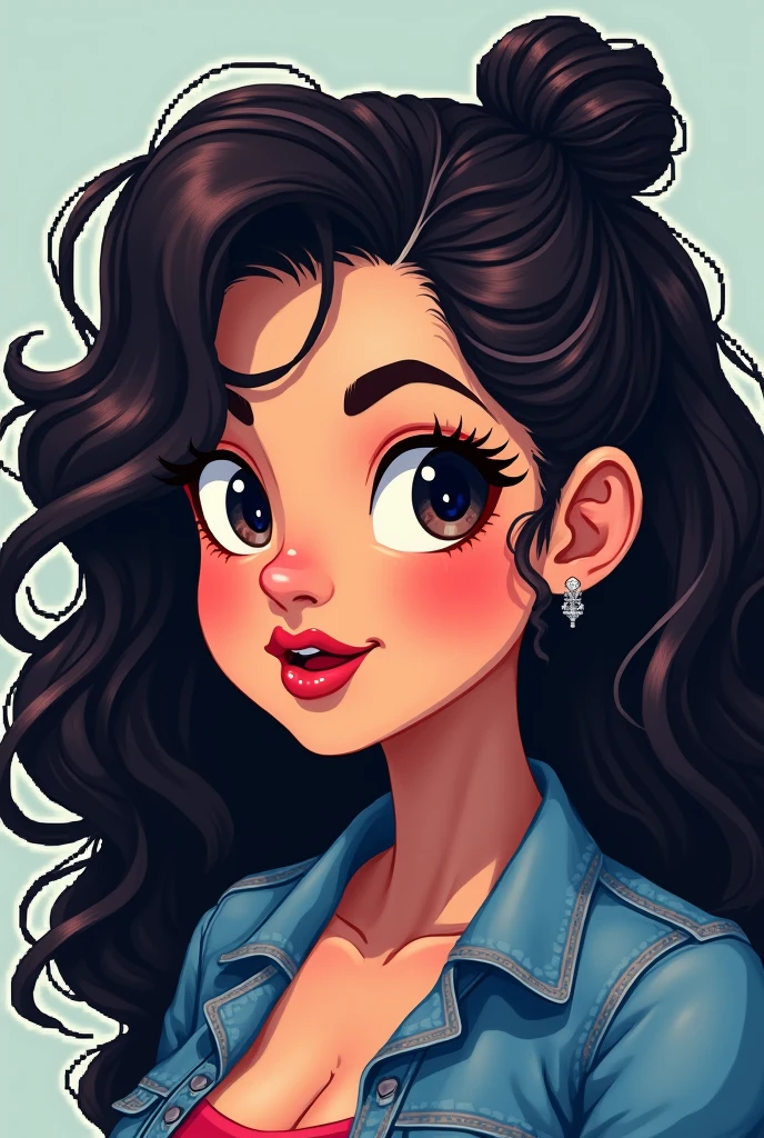 brunette woman, black person hair curly kinky layered long defined white streak, chubby, denim clothing, Brown eyes, reddened mouth, dark eyes, big and wide face, Disney pixel animation style wide nose