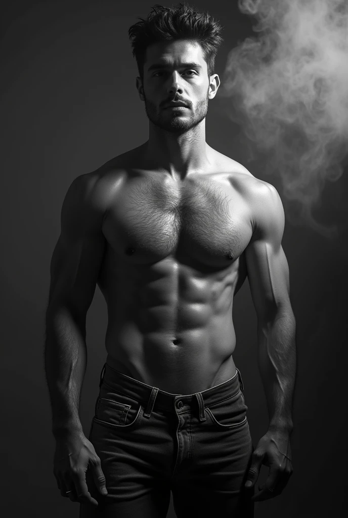 handsome Nicolas Lebeau without clothes. Sensual shooting. pleasure. sweaty body . sex. Chest muscles! Chest hair! ((monochrome)), ((grayscale)) Smoke！！！