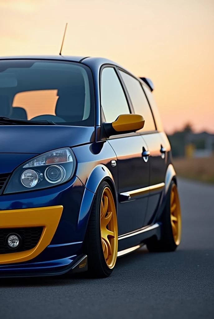 Tuning of Renault Scenic II model 2007 in twilight blue with burnt yellow details on the doors, rims, fenders and mirrors