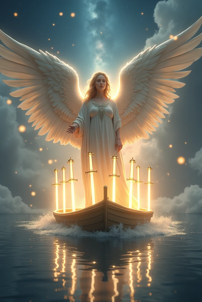 Design a breathtaking and highly detailed image for the "Six of Lights" card in the Lumen Angelis deck, inspired by the "Six of Swords" from the Rider-Waite Tarot. Depict an angel guiding a small, illuminated boat across a tranquil, celestial river of light. The boat is filled with six radiant swords of light, which are arranged in a protective semi-circle around the figures on board. The angel at the helm steers the boat with a gentle yet determined expression, their wings unfurled and shimmering. The river flows through a serene, otherworldly landscape of floating, glowing orbs and soft, misty clouds, suggesting a journey of transition and healing. The sky above is a gradient of twilight hues, with a starry expanse, symbolizing guidance and safe passage through difficult times.