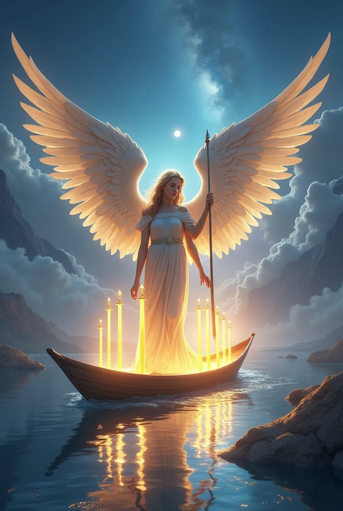 Design a breathtaking and highly detailed image for the "Six of Lights" card in the Lumen Angelis deck, inspired by the "Six of Swords" from the Rider-Waite Tarot. Depict an angel guiding a small, illuminated boat across a tranquil, celestial river of light. The boat is filled with six radiant swords of light, which are arranged in a protective semi-circle around the figures on board. The angel at the helm steers the boat with a gentle yet determined expression, their wings unfurled and shimmering. The river flows through a serene, otherworldly landscape of floating, glowing orbs and soft, misty clouds, suggesting a journey of transition and healing. The sky above is a gradient of twilight hues, with a starry expanse, symbolizing guidance and safe passage through difficult times.