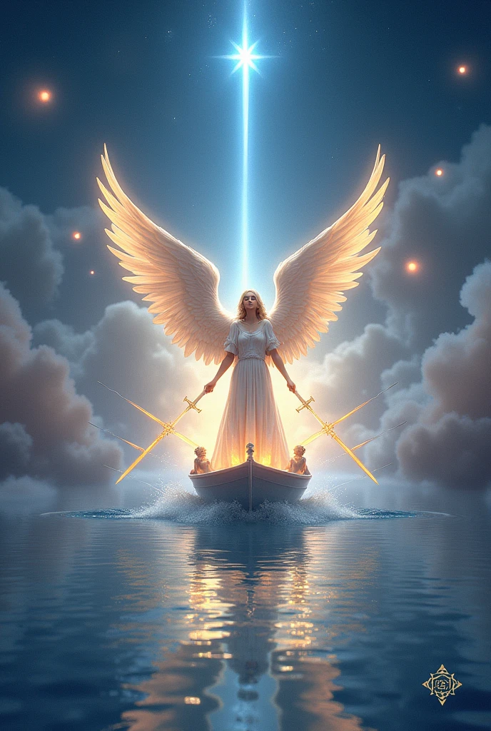 Design a breathtaking and highly detailed image for the "Six of Lights" card in the Lumen Angelis deck, inspired by the "Six of Swords" from the Rider-Waite Tarot. Depict an angel guiding a small, illuminated boat across a tranquil, celestial river of light. The boat is filled with six radiant swords of light, which are arranged in a protective semi-circle around the figures on board. The angel at the helm steers the boat with a gentle yet determined expression, their wings unfurled and shimmering. The river flows through a serene, otherworldly landscape of floating, glowing orbs and soft, misty clouds, suggesting a journey of transition and healing. The sky above is a gradient of twilight hues, with a starry expanse, symbolizing guidance and safe passage through difficult times.