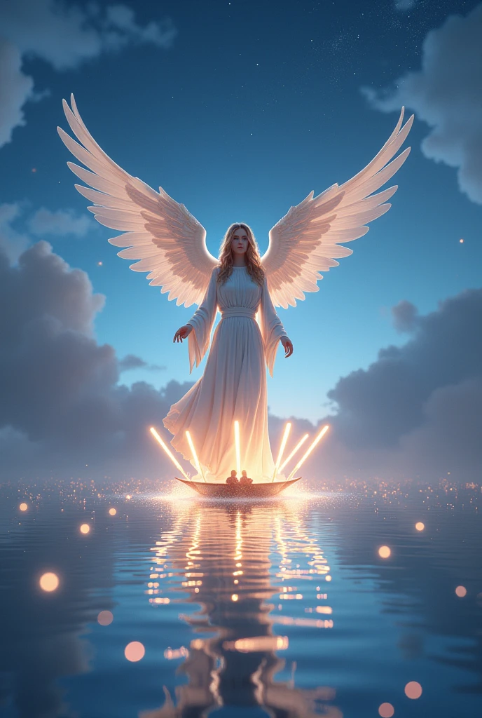 Design a breathtaking and highly detailed image for the "Six of Lights" card in the Lumen Angelis deck, inspired by the "Six of Swords" from the Rider-Waite Tarot. Depict an angel guiding a small, illuminated boat across a tranquil, celestial river of light. The boat is filled with six radiant swords of light, which are arranged in a protective semi-circle around the figures on board. The angel at the helm steers the boat with a gentle yet determined expression, their wings unfurled and shimmering. The river flows through a serene, otherworldly landscape of floating, glowing orbs and soft, misty clouds, suggesting a journey of transition and healing. The sky above is a gradient of twilight hues, with a starry expanse, symbolizing guidance and safe passage through difficult times.
