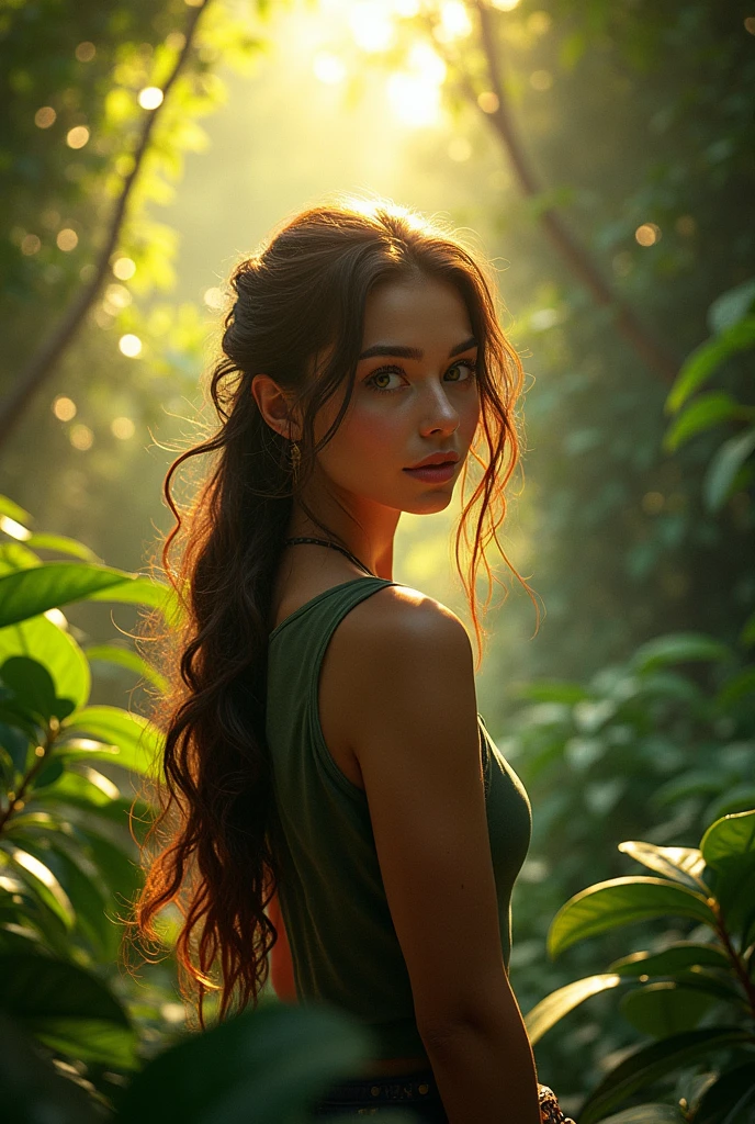 a lush jungle filled with challenges, highly detailed, 1 girl, beautiful detailed eyes, beautiful detailed lips, extremely detailed eyes and face, long eyelashes, adventurous expression, jungle foliage, ancient ruins, sunlight filtering through leaves, volumetric lighting, vibrant colors, cinematic, dramatic lighting, photorealistic, 8k, high details, intricate textures