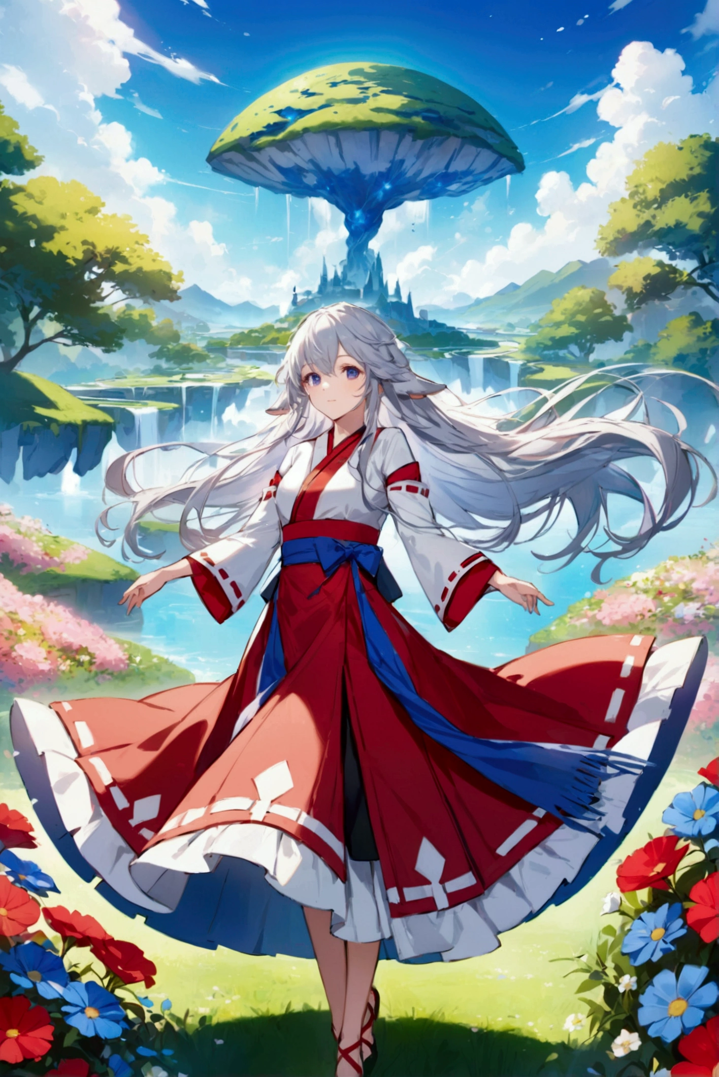 Magnificent View、Floating Island、Hanging Garden、Outdoor、View from afar、Ground Viewpoint、anime、High definition、Miko costume、Dancing in a garden full of flowers、Silver Hair(Long Hair、The top of the head is indigo blue、The ends of the hair are red.)、Sapphire Eyes