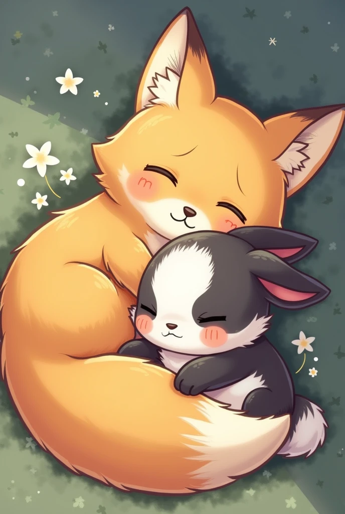 Drawing of a rabbit with drooping ears and a fox bigger than the rabbit. sleeping together. En chibi . The orange fox and the black and white rabbit