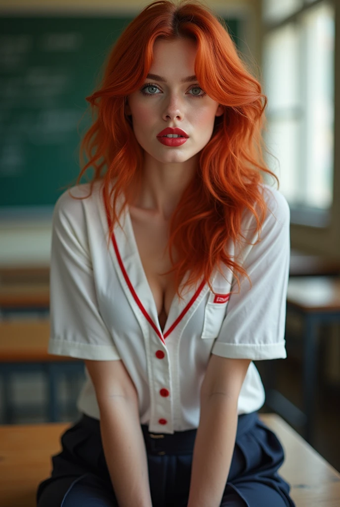 sitting on a table in a school uniform Red hair, Sexy photo of a very young sexy woman with bright red disheveled hair, a bit like Scarlett Johansson, Juicy figure, big breasts Wonderful big eyes and plump lips, at the school , Against the background of the classroom, schoolgirl outfit, She's happy, Smiling, sits down on the table And send a kiss 