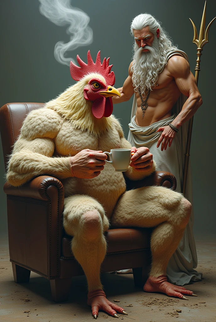 Crazy muscled mutant chicken drinking coffee sitting on a chair with Poseidon at his side