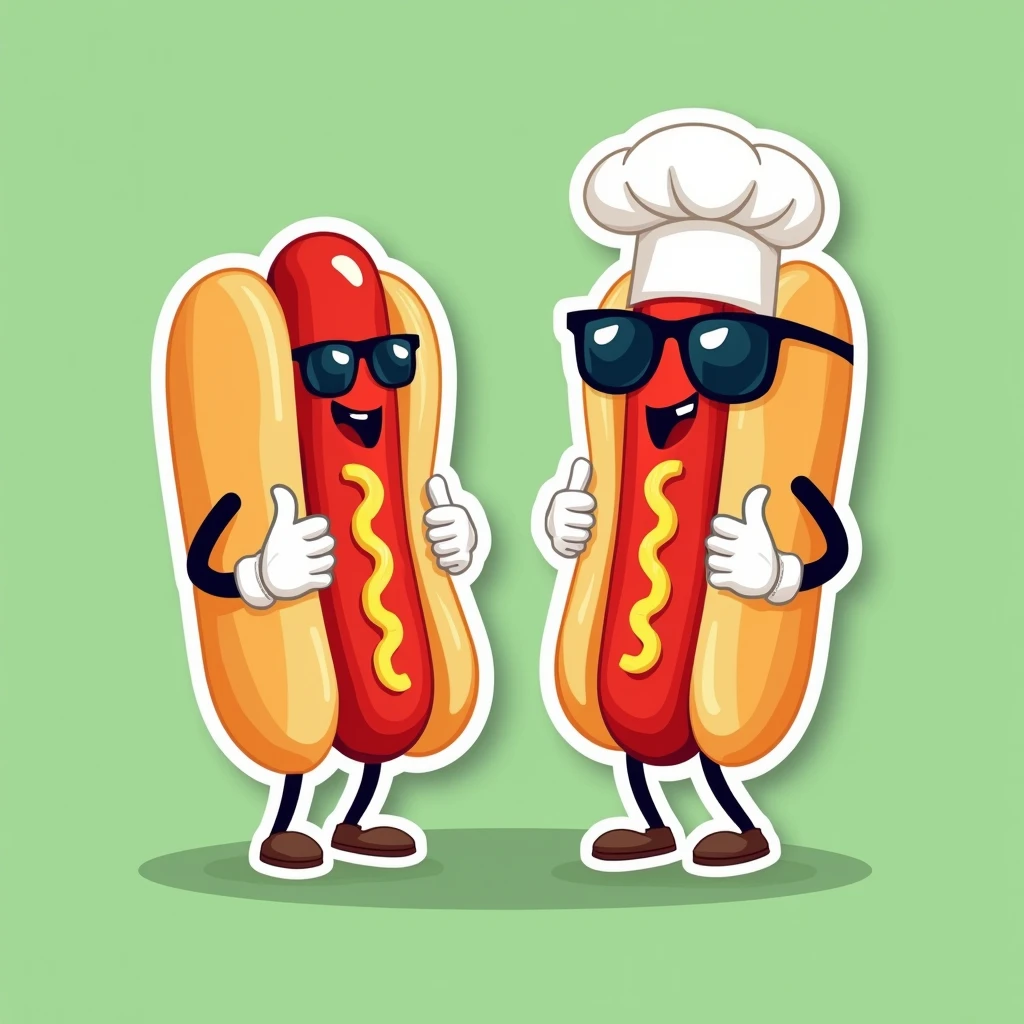 Fast Food logos: 2 hotdogs characters vector flat illustration both with white gloves hands in cartoon with sunglasses, and chef white hat : Sticker : Green background : Different character sizes