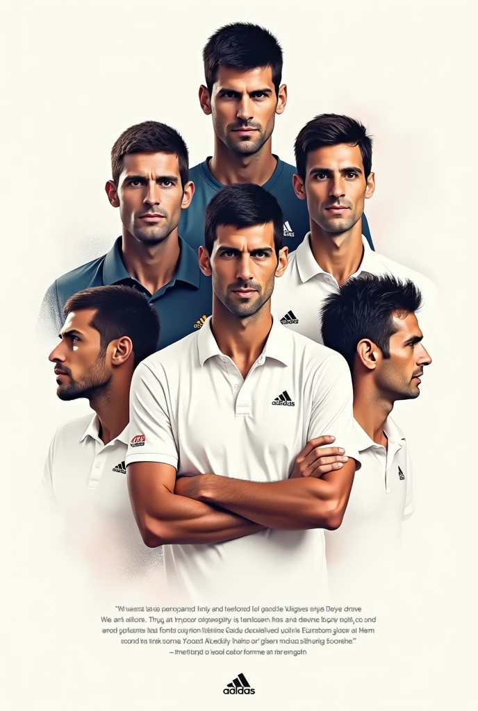 Minimalist and artistic image of Novak Djokovic alongside other prominent male tennis players, with their respective names, and a famous phrase from Novak Djokovic