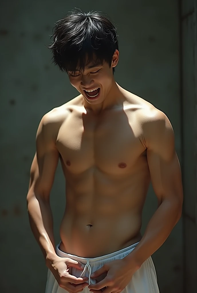 (Photorealistic:1.2、Highest quality、8k)、Sweatとtears、cool soccer player、White soccer pants、Six Pack Abs、He cries out loudly, clutching his crotch with both hands.、tears、Looks like Sota Fukushi、Similar to Kentaro Sakaguchi、(Beautiful 18 year old boy、Man with beautiful face、Face enduring severe pain、Crying with a big mouth open )、He cries out loudly, clutching his crotch with both hands.、Sexual charm、Rape、sexual torture、Sexually attractive、Crushing a man's crotch、Big penis、Grabbing the man's crotch hard、Grab the crotch、Erotic photos、Scream in pain、Sexy posture、A boy is hanging from the ceiling with his arms tied with a rough rope、Sweat、、A brutal lynching、Brutal Lynching、Severe pain、The man is a black-haired Japanese man.、A beautiful face like a woman、Handsome、Erotic Pose、The rope is digging into her crotch、Full nudity、I'm not wearing anything、The rope is tightening around the testicles、Actor、Naked、muscle、(Sweat:1.2)、Fine skin、(Film lighting)、Bright light、The lighting is bright、dojo、、Stripped naked、、double eyelid、(Fascinating crotch)、((excited))、Six Pack Abs、Phimosis、