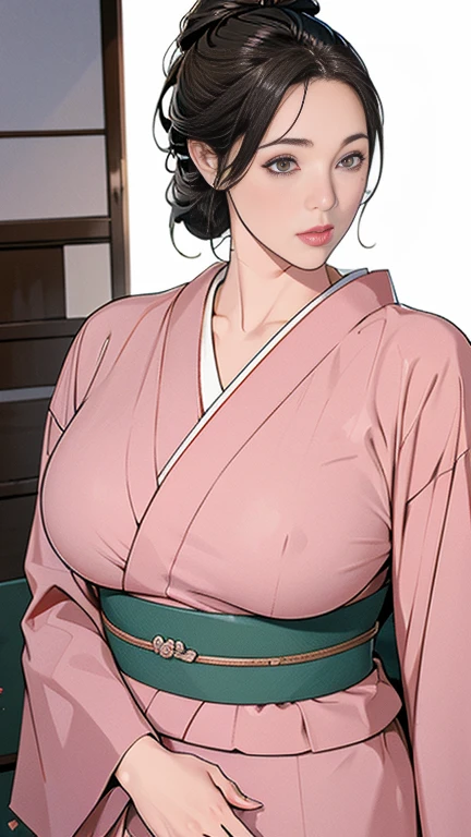 1，Japanese hairstyle，Photorealism，detailed，masterpiece，mature，((full))， (Broad shoulders), ((Huge))，プラスサイズのmature女性，expensive，30 years old，Pretty face, (Plump woman)，Beautiful long-sleeved kimono，Kimono，Hold your chest with both hands:1，high quality，Are standing，High Resolution 4K Information,Kyoto,
