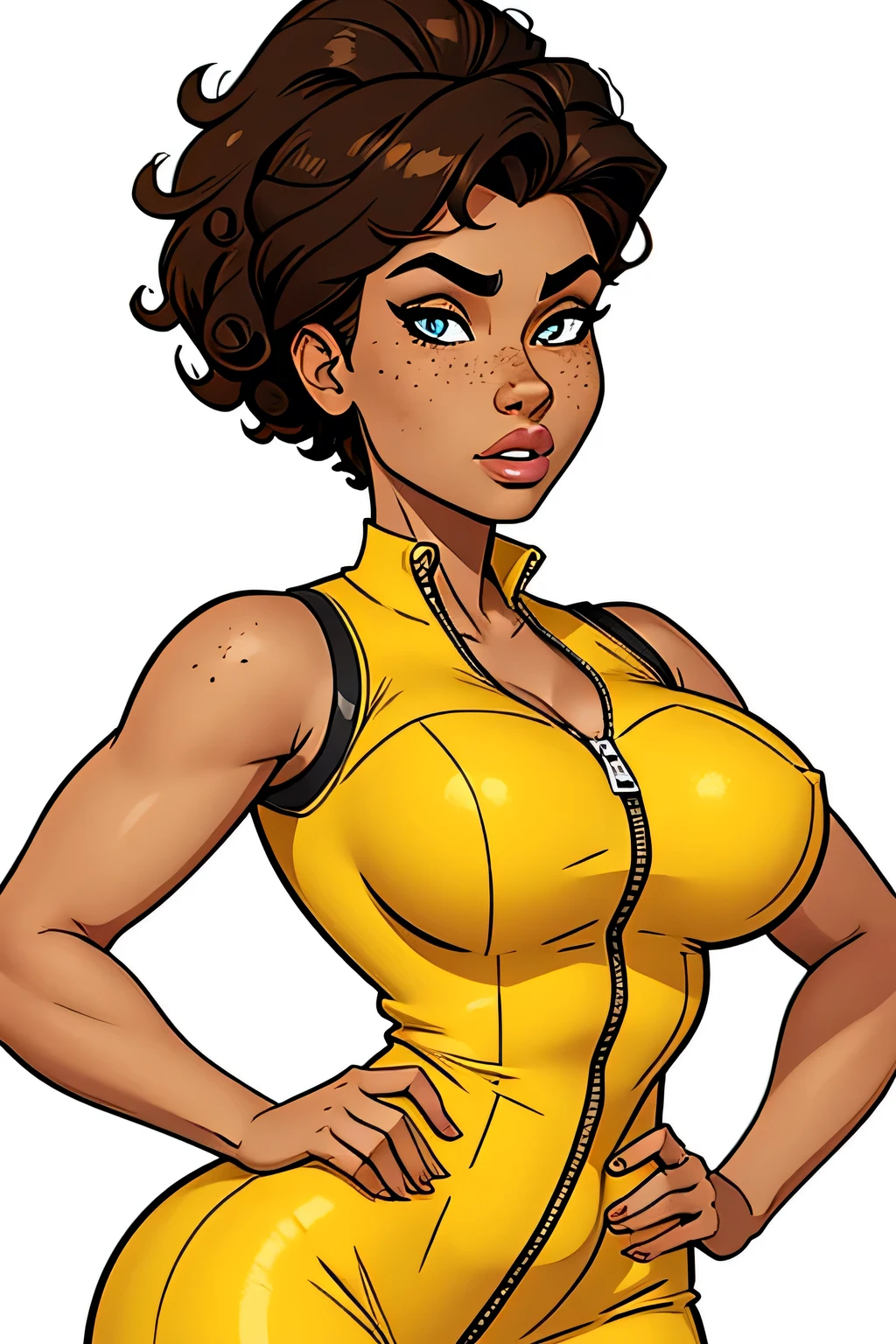 Thin woman, age 25, 4K (High definition), thoughtful, seducing gaze, eyes browns, wearing a yellow dress (com zipper lateral) and short sleeves, arms crossed with hands on hips, brown skin, curly black hair to the shoulders, standing (upper body), full of curves with freckles on her chest and neck, round breasts. High-quality Marvel style, white background.