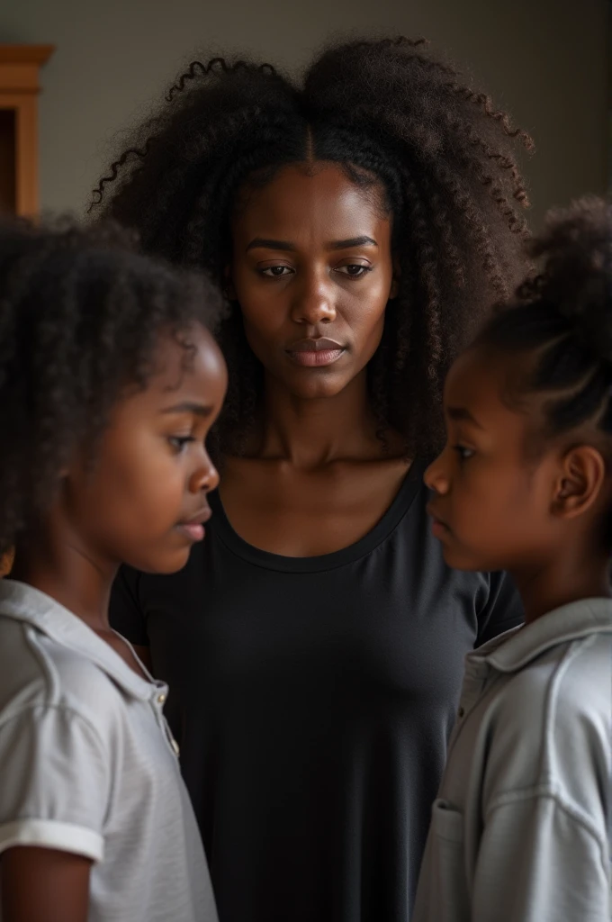 Realistic photo of black mother looking at her two daughters with sad eyes