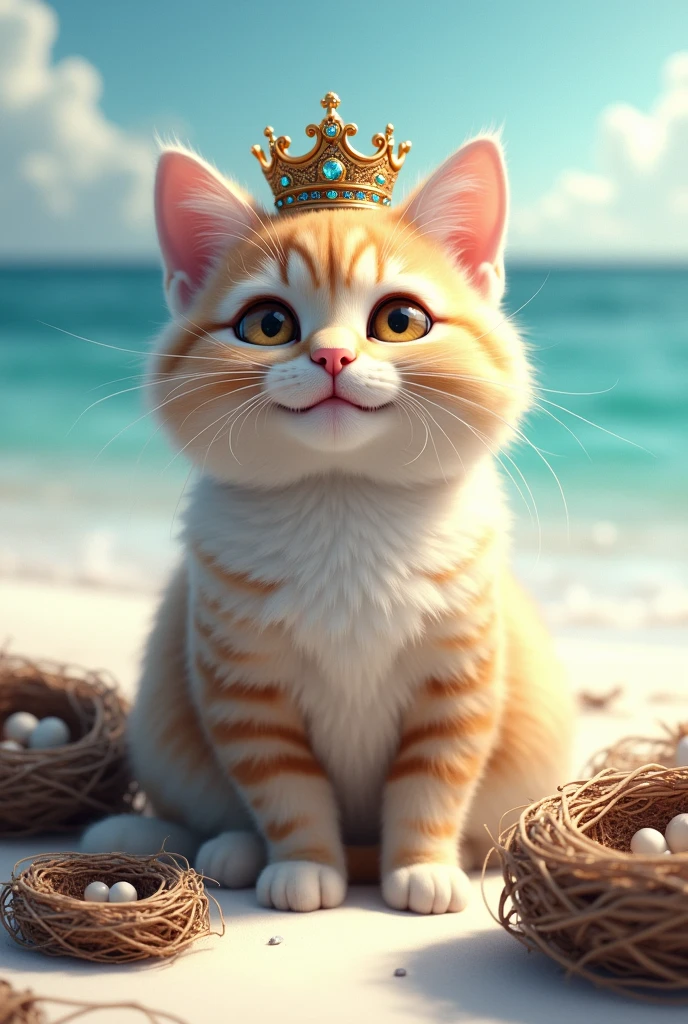 photo realist, make a cat smiling with king's crown with lots of empathy for adults and nests, sitting on white sand, with a look of joy.