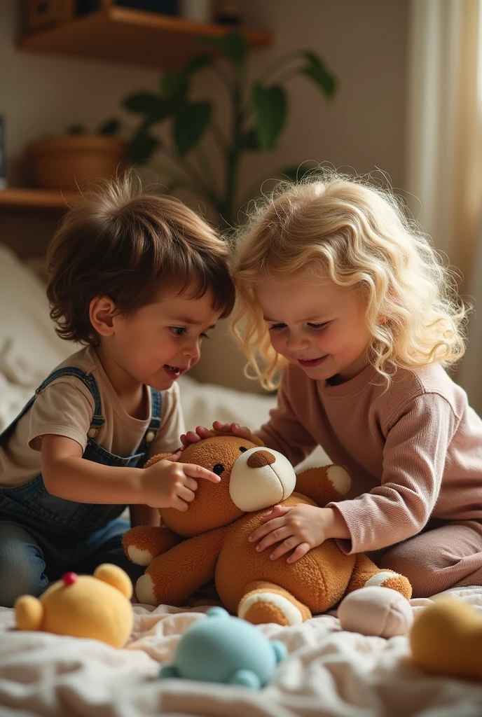 Photo of Johnny and Mary fighting over the teddy bear in the first year