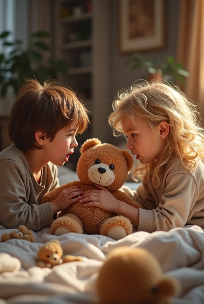 Photo of Johnny and Mary fighting over the teddy bear in the first year