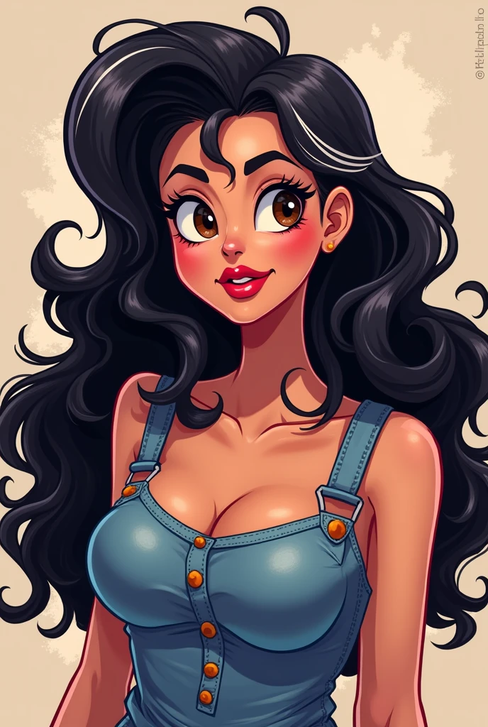 brunette woman, black person hair curly kinky layered long defined white streak, chubby, denim clothing, Brown eyes, reddened mouth, dark eyes, big and wide face, Disney pixel animation style wide nose