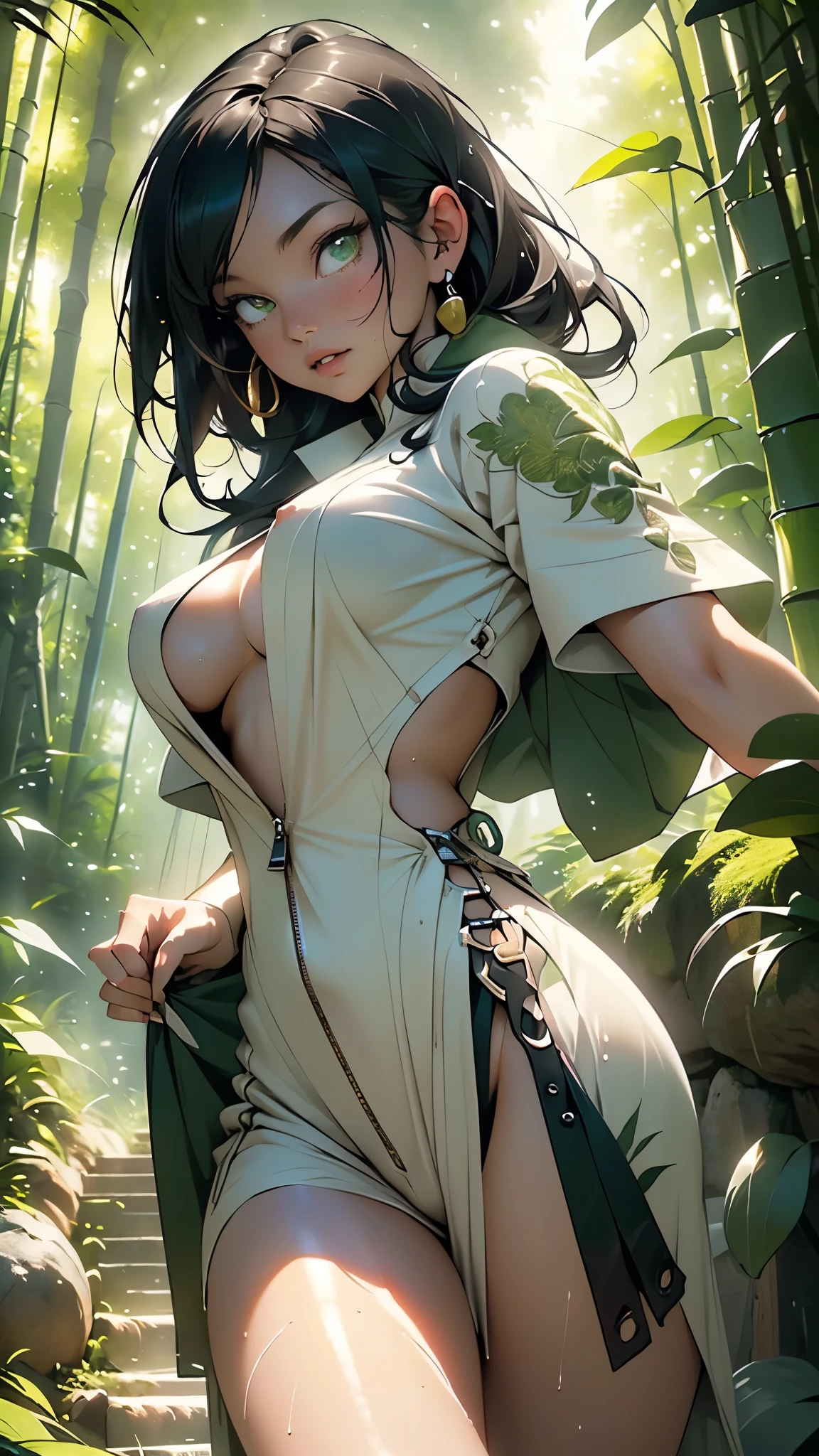 1female,Small ,smallunderboob ,Pornographic exposure, 独奏,(Background with:bamboo forrest,lotuses,lotus flower,exteriors,) She has short black hair,bobo head,Sweat profusely,drenched all over the body,seen from the front, hair straight, mostly cloudy sky,(((tmasterpiece),(Very detailed CG unity 8K wallpaper),best qualtiy,cinmatic lighting,detailed back ground,beatiful detailed eyes,Bright pupils,Black eyes,(Very fine and beautiful),(Beautiful and detailed eye description),ultra - detailed,tmasterpiece,)),facing at camera,A high resolution,ultra - detailed),,revealing breasts,Bare genitalia, Bulge,legs are open,Raised sexy,Camel toes,Flushed complexion,Open-mouthed,frontage,White floral headband,Gold Saint Seiya,elementary student(Wearing:Cloak,Black transparent kimono,Filigree embroidery,fullnude,with no underpants,Iron Man uniform)