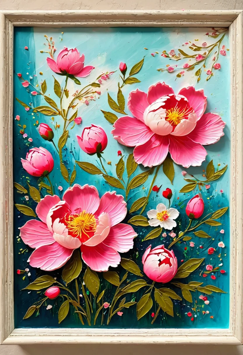 Beautiful scenery，A painting in a white plaster frame on an easel：(((Soft tones，Chalk painting，Oil stick painting，flight，Thick coating，Uneven texture，Plaster texture，Graffiti)))。Korean style framed decorative painting，3D Decorating，French style peony flower