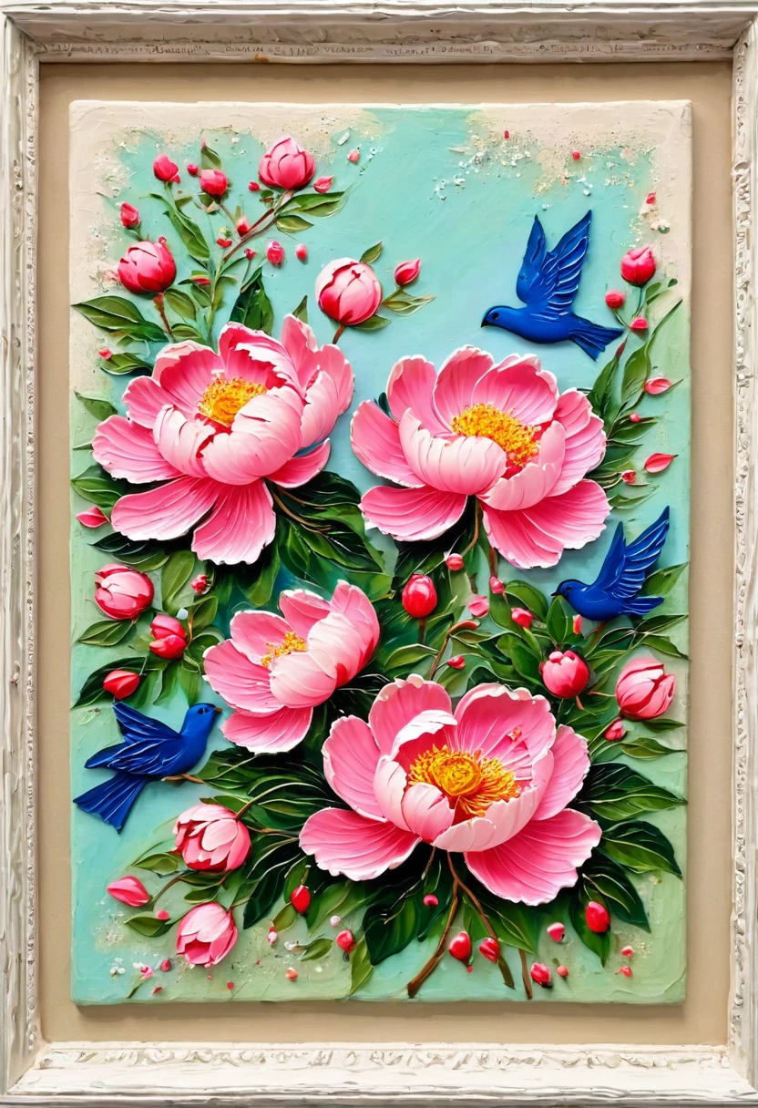 Beautiful scenery，A painting in a white plaster frame on an easel：(((Soft tones，Chalk painting，Oil stick painting，flight，Thick coating，Uneven texture，Plaster texture，Graffiti)))。Korean style framed decorative painting，3D Decorating，French style peony flower