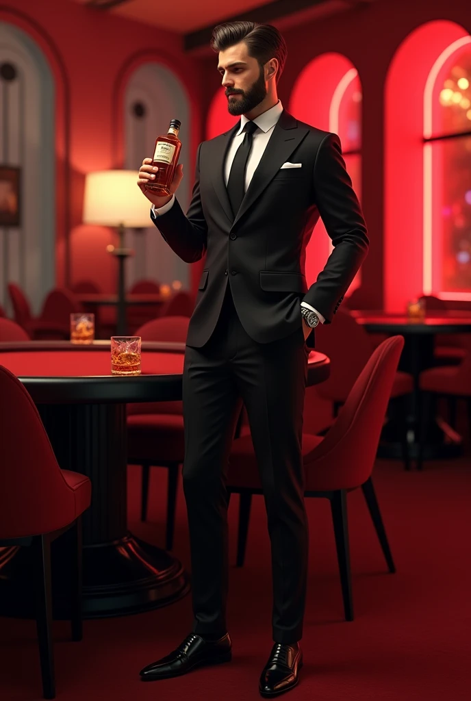 (photorealism:1.2), Handsome man, tall and strong, with a young beard, dressed in a black suit and Italian brand shoes, with a bottle of elegant whiskey and a glass with ice, in a red casino with lights.