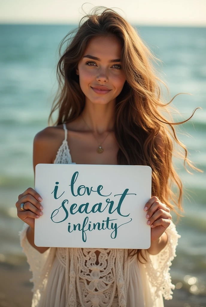 Beautiful girl with wavy long hair, bohemian dress, holding a white board with text "I Love Seaart Infinity" and showing it to the viewer