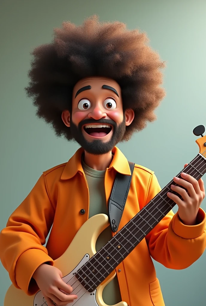 Cartoon character of a happy, beardless 50 year old Japanese man with afro hair and an electric guitar, Anime characters, Stylized characters, Animation-style rendering, 3D stylized, Arnold Maya Rendering, 3D rendering style, toon render keyshot, 3D Characters, 3D Characters, 3D rendering style, 3D Charactersレンダリング, Cartoon characters, Close-up Character, Character pose, (Pixar Style) (Master Parts:1.2) (Bokeh) (Highest quality) (Fine skin) (Fine texture) (8k) (clay) (Cinema Lighting) (Sharp focus）