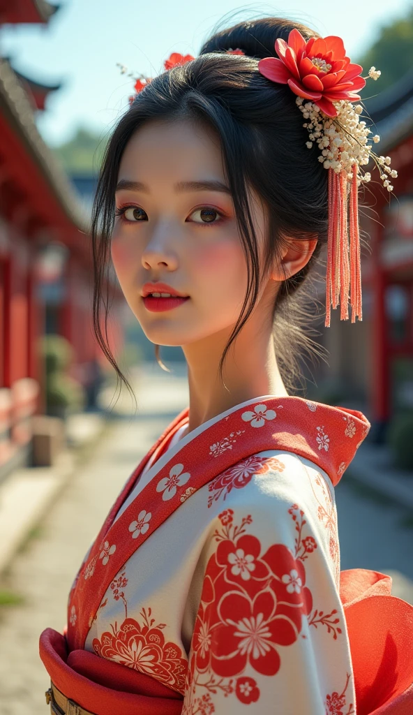 A beautiful young woman wearing brightly colored Japanese clothing、A charming expression、The upper white teeth are visible、(Japanese clothing with red floral pattern on a white background、Bright and vividly colored kimono)、((SeaArt creates beautiful women in kimono))、Full Body Shot、background、Shrines and temples、The atmosphere is like that of a Japanese Ukiyo-e painting.、