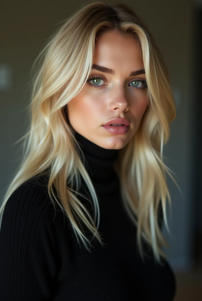 (((best qualityer))), highly detailed, high resolution. 25 year old female, blondie hair, clear green eyes, fleshy lips, heavy make-up, photo by Breckie Hill, best qualityer, she is wearing a black sweater, soft lighting, marvelous, blonder woman, latina