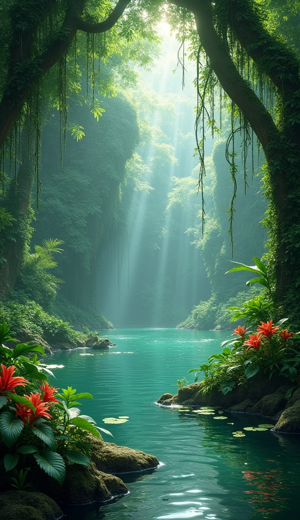 Draw a jungle with a lake