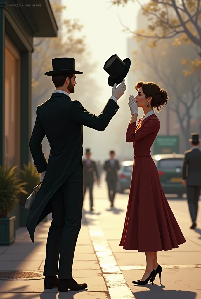 A well dressed man, Raising his hat politely as he passes a lady who is covering her nose from the strong smell of something he is carrying in his hand, possibly food.