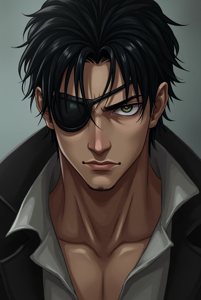 A serious black-haired white man with an eye patch, younger and more muscular, even younger and with more delicate features. 