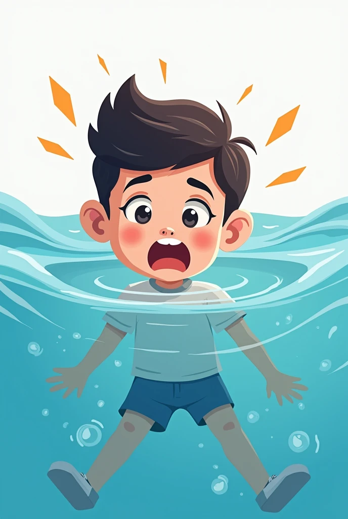 I am looking for an illustration of a drowning STUDENT with the following style:drawing style: Modern and vector, with smooth, clean lines, and vibrant colors. Cartoonish but realistic. Color: Using a palette of bright and contrasting colors that are pleasant and eye-catching. FORMAT: Illustrations arranged in a book or manual style. This illustration is intended for a guidance and training manual, so it must be clear, accessible and visually appealing."