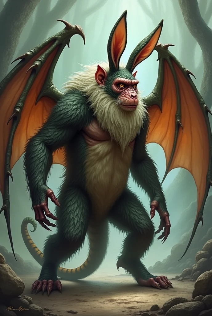 Create a monkey, with dragon wings, snake eyes, human legs and rabbit ears