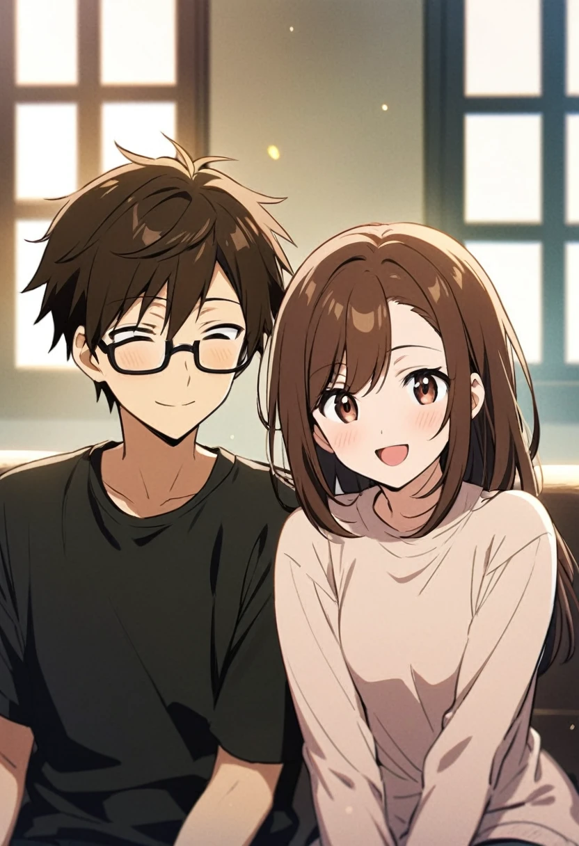 anime, two people, one beautiful female with long brown hair and no glasses, the other person is a male with short dark brown hair and black rimmed glasses, they are boyfriend and girlfriend, both smiling