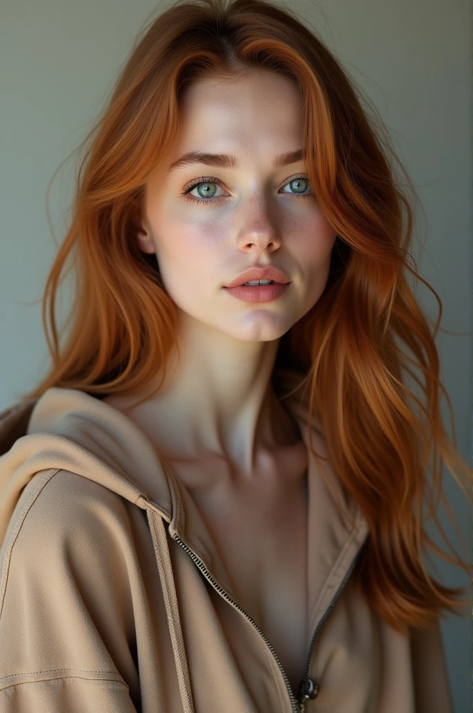 A beautiful realistic British woman wearing a hoodie jacket