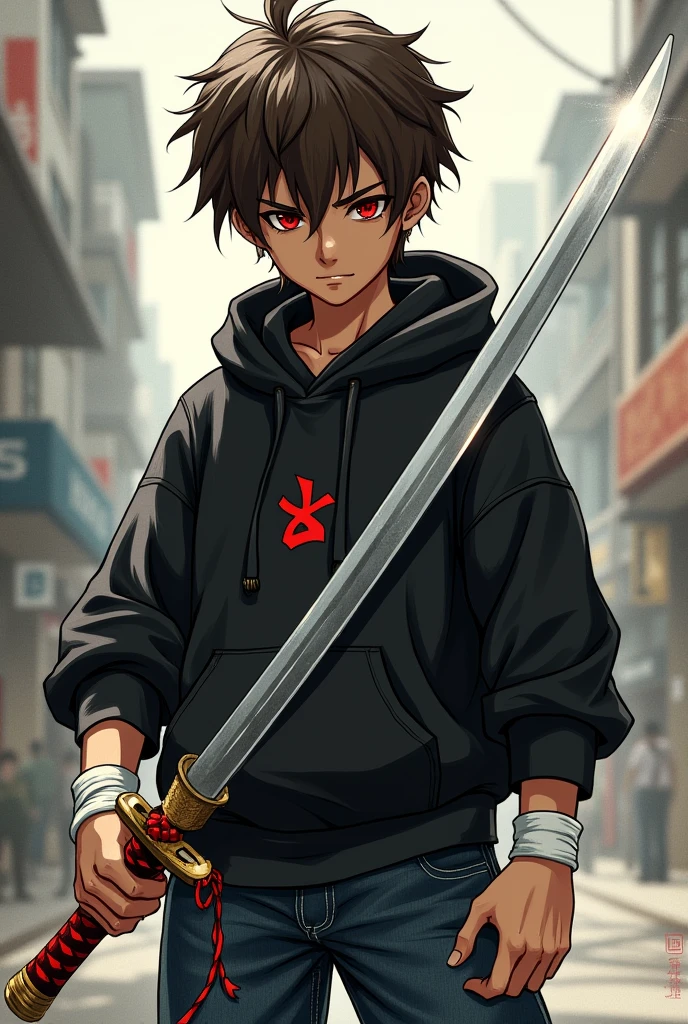 A half-muscled boy with deep red eyes and brown hair wearing a black sweatshirt with jeans with a white katana and wristbands
