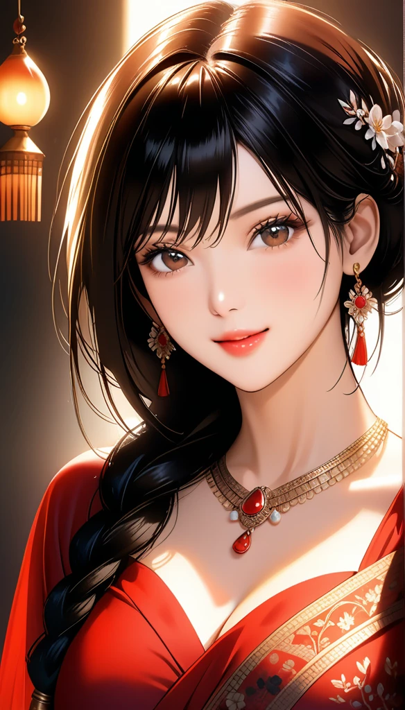 (1woman, mature, single hair braid, transparent saree, big long jhumka earrings, detailed alluring eyes, smooth detailed lips, beautiful face, smiling, red lipstick, navel, bangles, saggy breasts, photorealistic, 8k, hyperdetailed, vibrant colors, studio lighting, masterpiece, cinematic composition, dramatic lighting, intricate details, highly realistic skin textures, volumetric lighting, beautiful intricate jewelry, warm color palette, natural lighting, elegant pose, beautiful detailed expression, hyper realistic rendering, seamless blending, flawless skin, glowing skin, delicate features, breathtaking realism, striking composition),tall , necklace, bangles ,navel,full body view
