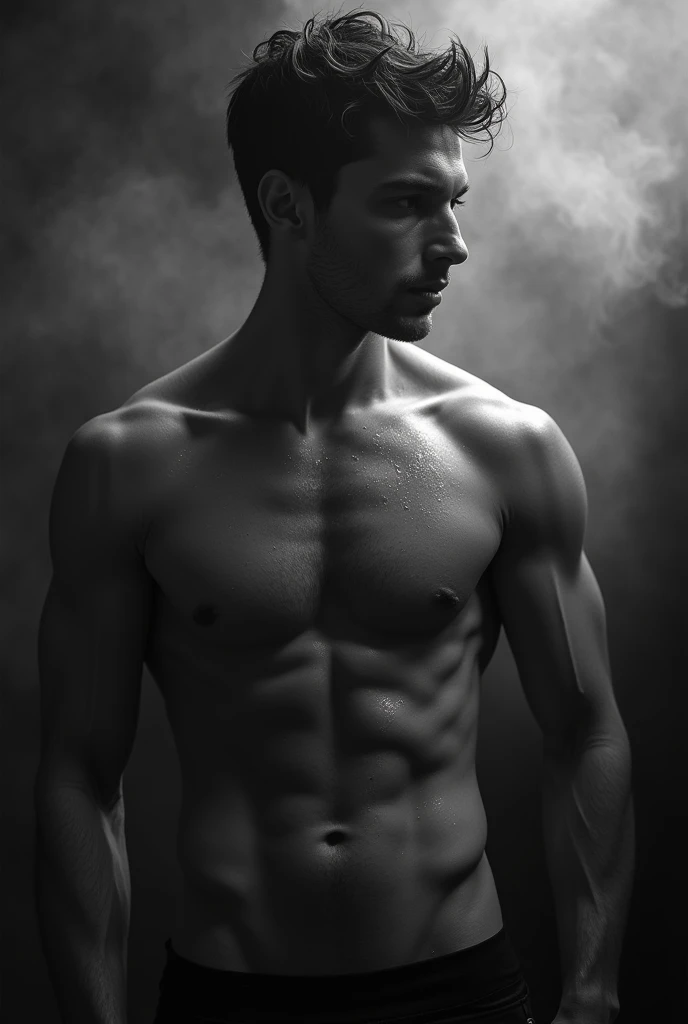 handsome Nicolas Lebeau without clothes. Sensual shooting. pleasure. sweaty body . sex. Chest muscles! Chest hair! ((monochrome)), ((grayscale)) Smoke！！！Short Hair！muscle！