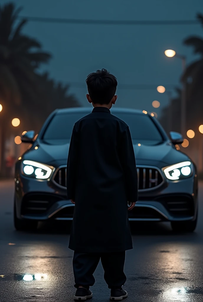 boy wearing black Kurta ,back side view, zoom out view, standing in front of Mercedes, in night
