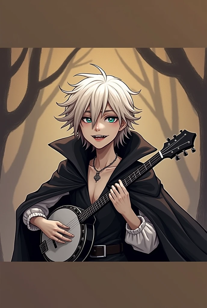 Young man playing the banjo, white eyes, dark hair, black cape, hood, mysterious, smiling, Fangs