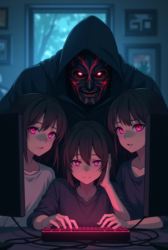 Father and 2 daughters gamer anime dark masked for livestream