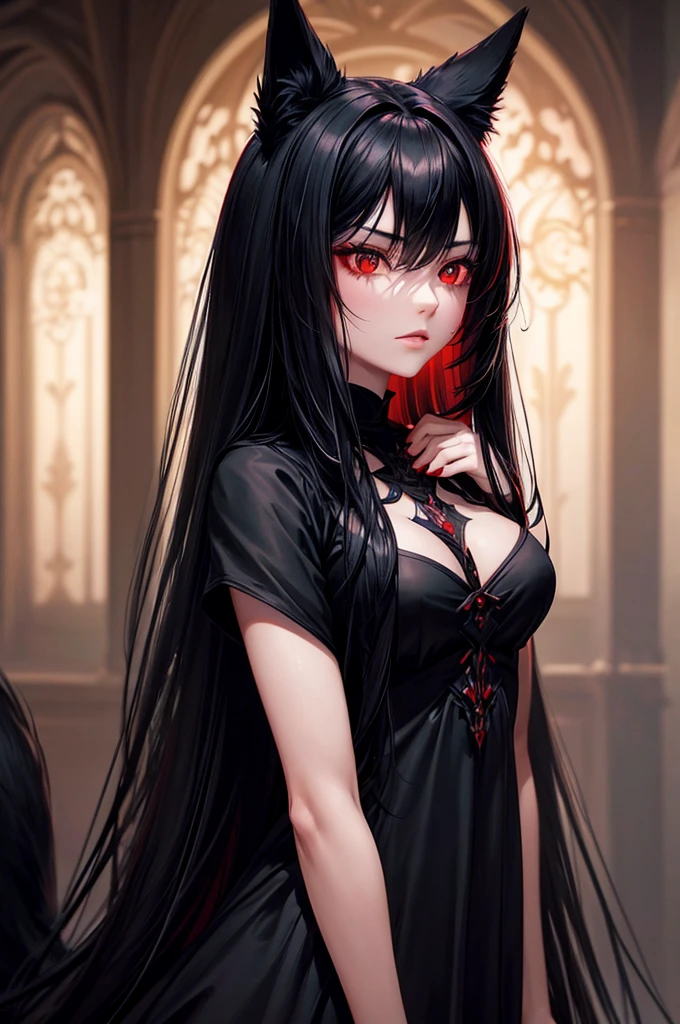 beautiful girl with long black hair, red eyes, black fox ears and a black fox tail, wearing a black and red dress, hyperrealistic, highly detailed, 8k, photorealistic, intricate, cinematic lighting, dramatic lighting, moody atmosphere, warm color palette, cinematic pose, elegant, mystical, magical, fanciful, ethereal, fantasy art, dark fantasy